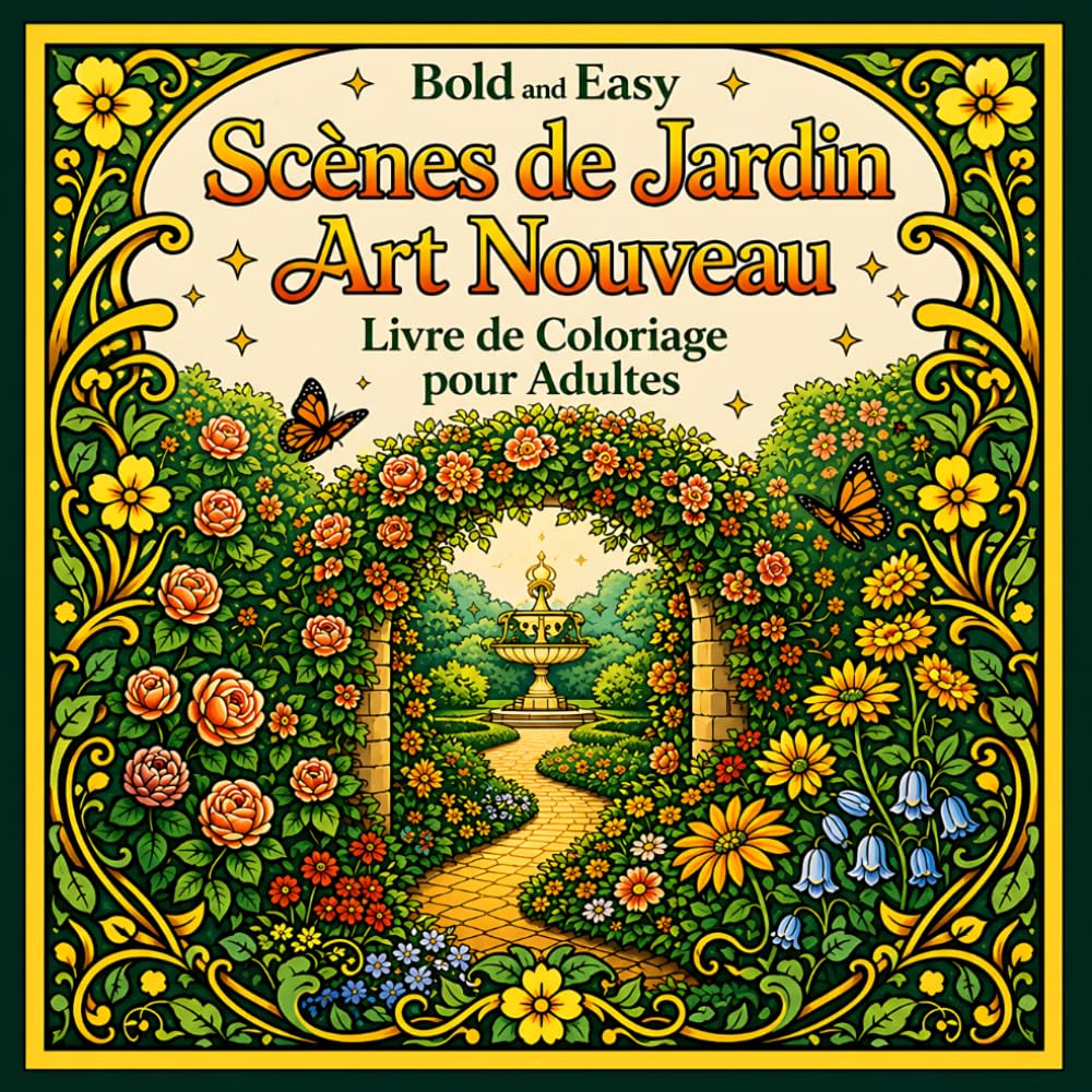 Bold and Easy Scènes de Jardin Art Nouveau: Livre de Coloriage pour Adultes avec Nature, Fleurs et Paysages Paisibles