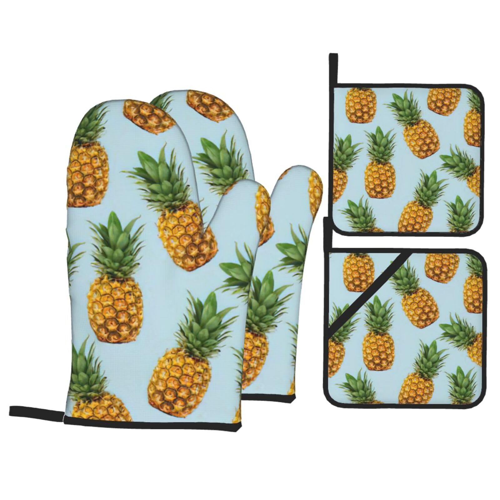Pineapple.] Print 4-Piece Oven Microwaving Set Waterproof Kitchen Gloves for Baking Grilling Cooking