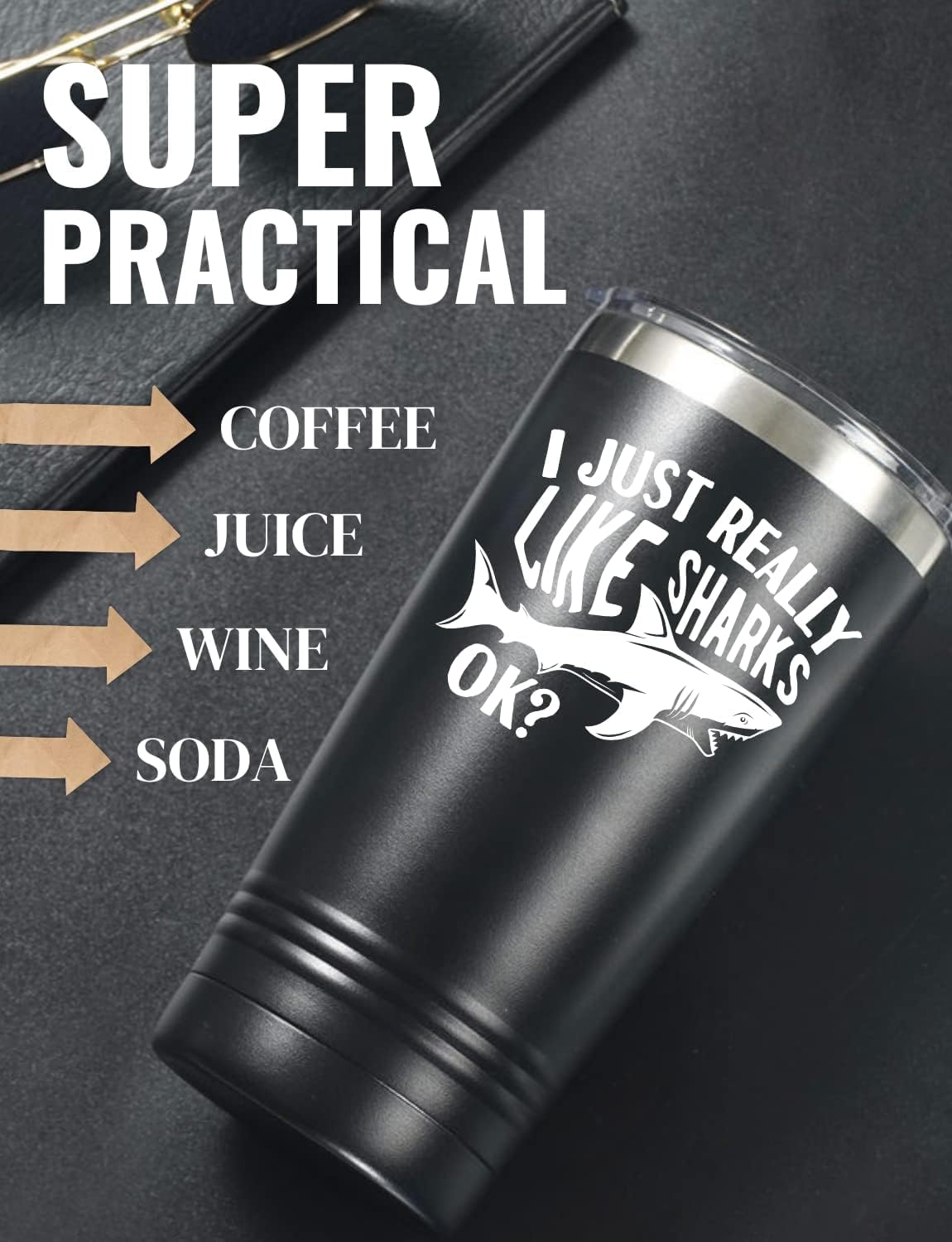 Onebttl Shark Gifts Tumbler for Men, Women, Shark Lovers, 20oz Stainless Steel Travel Coffee Mug with Lid for Birthday, Christmas - Image 2