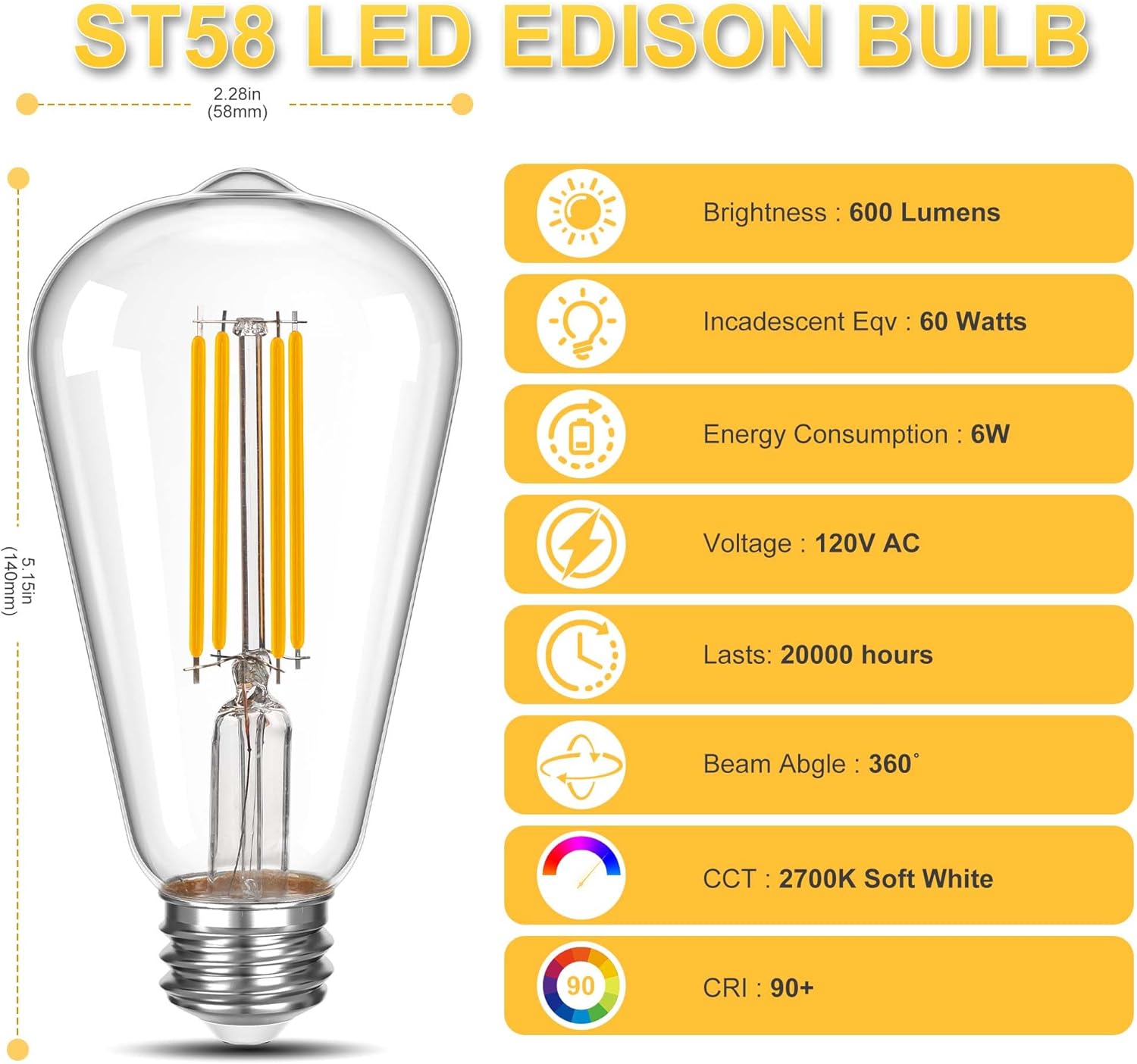 6W LED Edison Bulb,ST58 Vintage Filament Bulbs Non-dimmable,60W Incandescent Equivalent 750 Lumen for Lamps,2700K Soft White,E26 Medium Base,Clear Glass 6 Pack