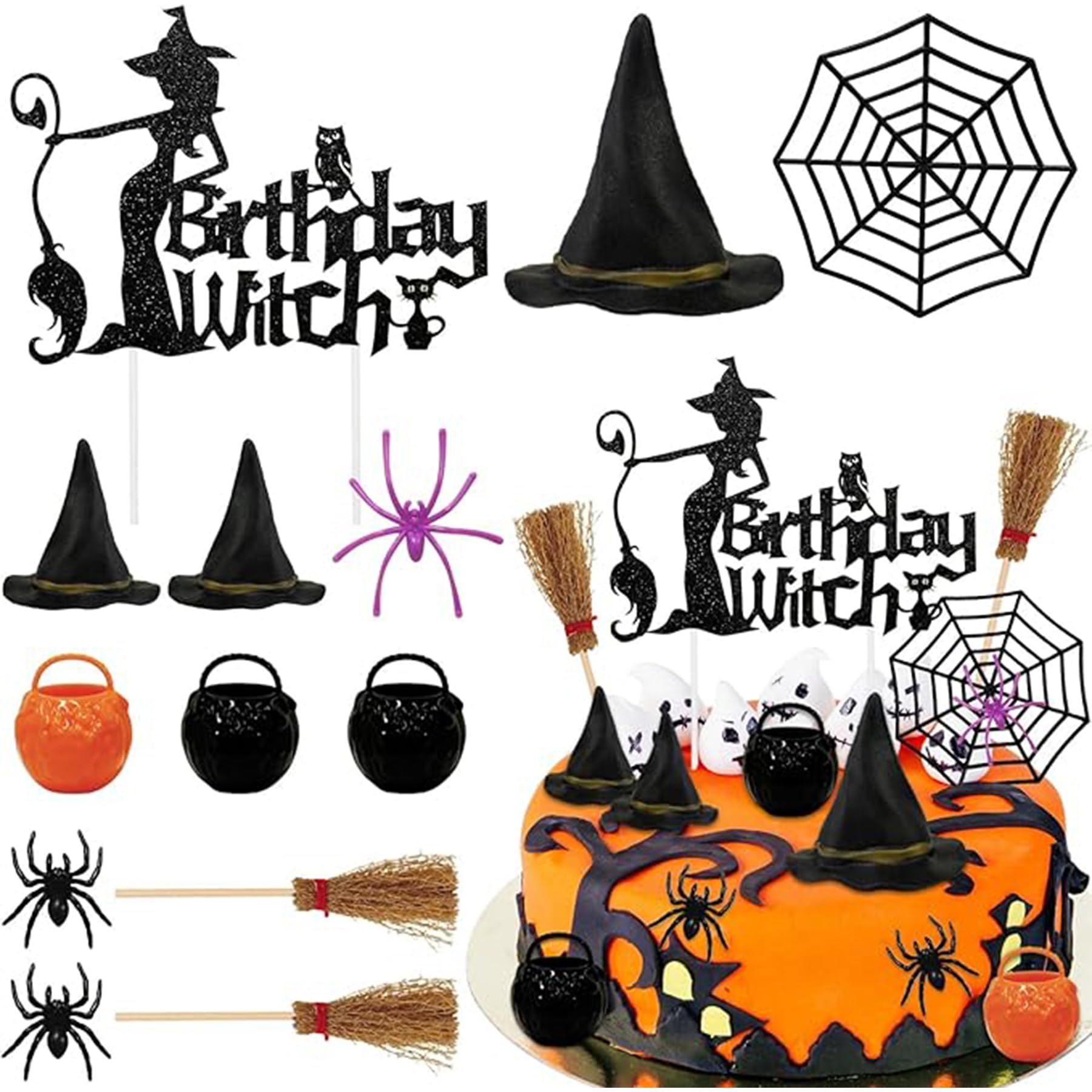 Wasise Witch Cake Decorations - 13 PCS Wicked Cake Topper, Wicked Party Decorations, Spooky Cakes Topper with Witch Hat Broom Spider Web Glitter Happy Birthday Decor, Witch Wizard Theme Baby Shower