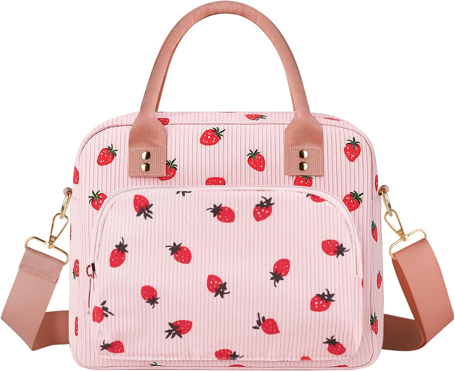 Lunch Bag Large Insulated Lunch Box for Women Adult Cute Pink Strawberry Lunchbox Corduroy Lunch Bags Boxes Pail with Shoulder Strap for Work Mom Picnic Office Travel 11.4×6.8×9.1 inches 11.5L