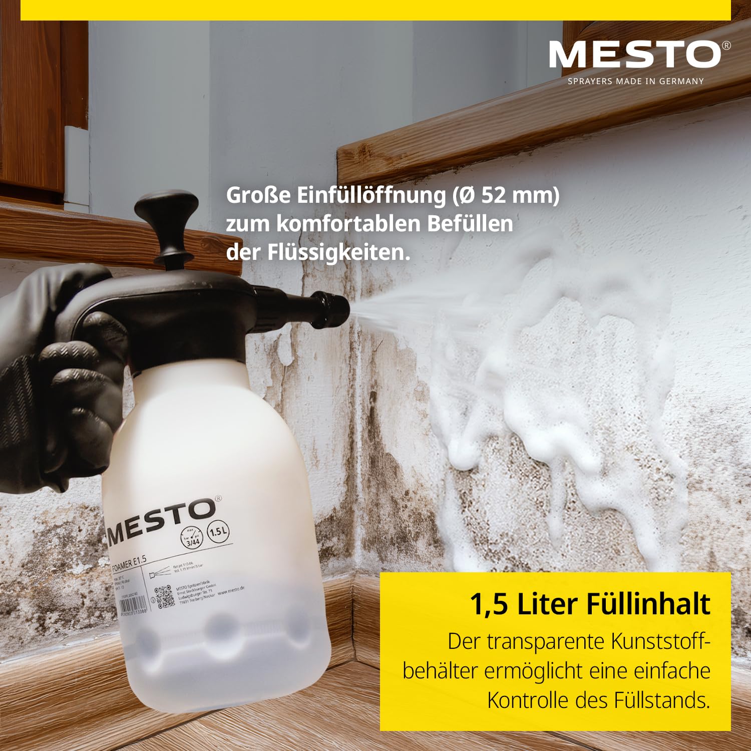 MESTO 3132FE FOAMER Drucksprüher 1,5L Schaumsprüher | Schaumgerät mit EPDM-Dichtungen | Foam Sprayer für Automotive Reinigung | Schaum Sprühflasche | Spezial-Flachstrahldüse 110-06 | inkl. Fleecepads