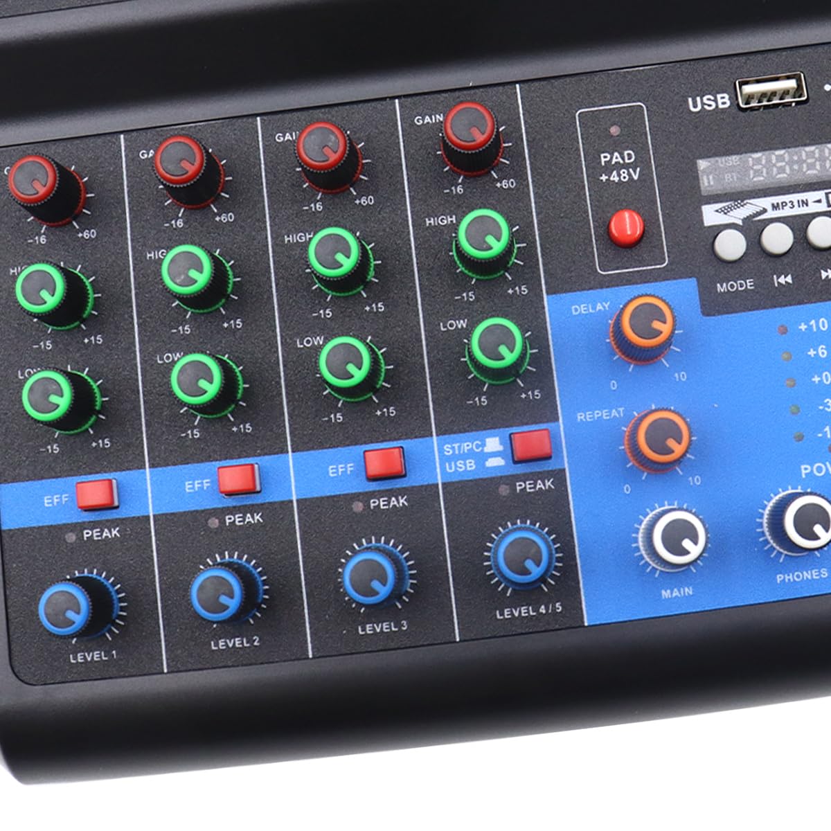 Riven Mini Audio DJ Mixer Sound Board Sistema de Consola de 5 Canales 48V USB MP3 Estéreo DJ Estéreo Live DJ Studio Streaming para fiestas de grabación profesional KTV Stage