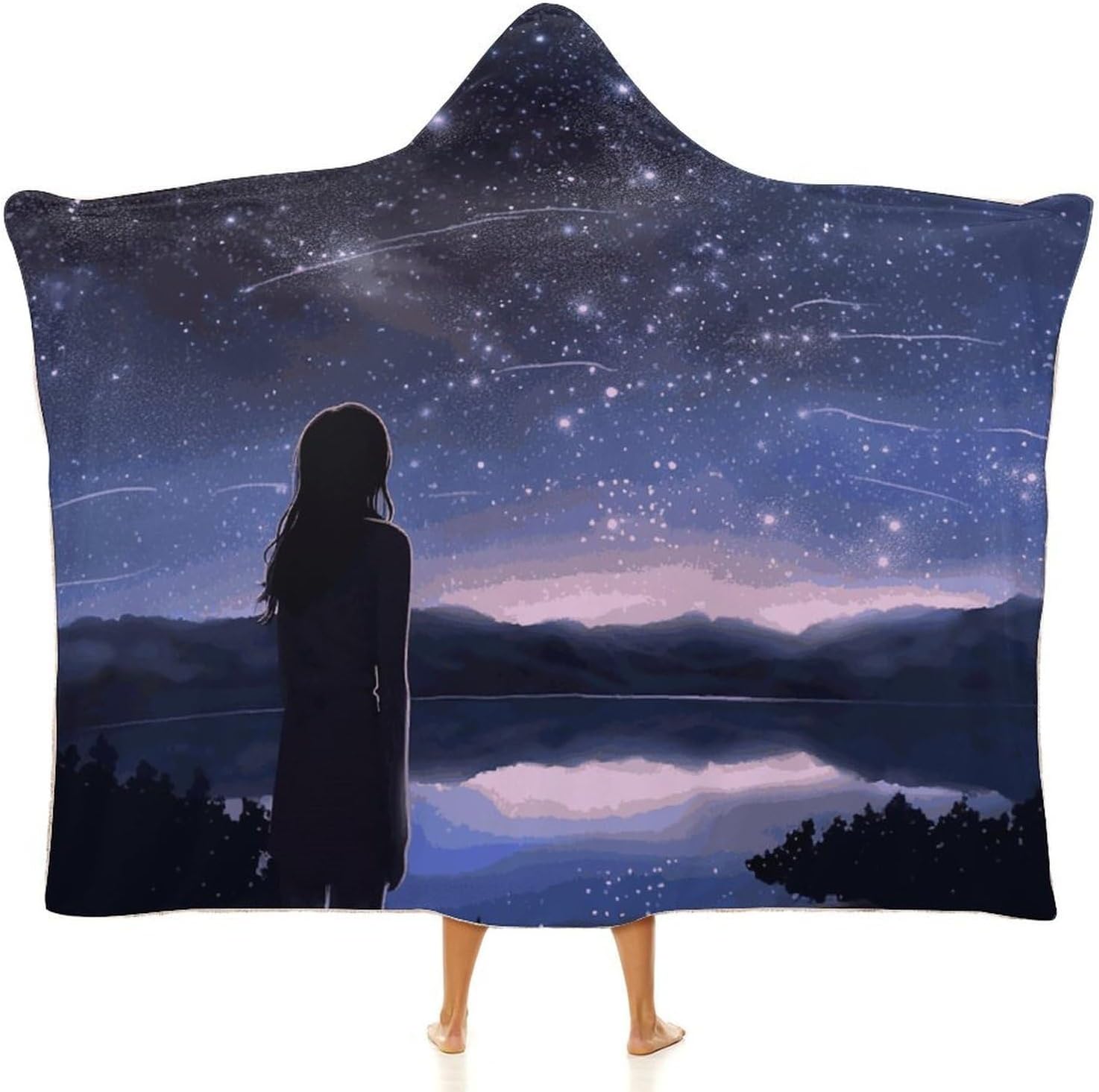Girl Looking at Stars Hooded Blanket Cozy And Functional,Wearable Blanket Hoodie for Women Men,Blanket Poncho Presents40 x50