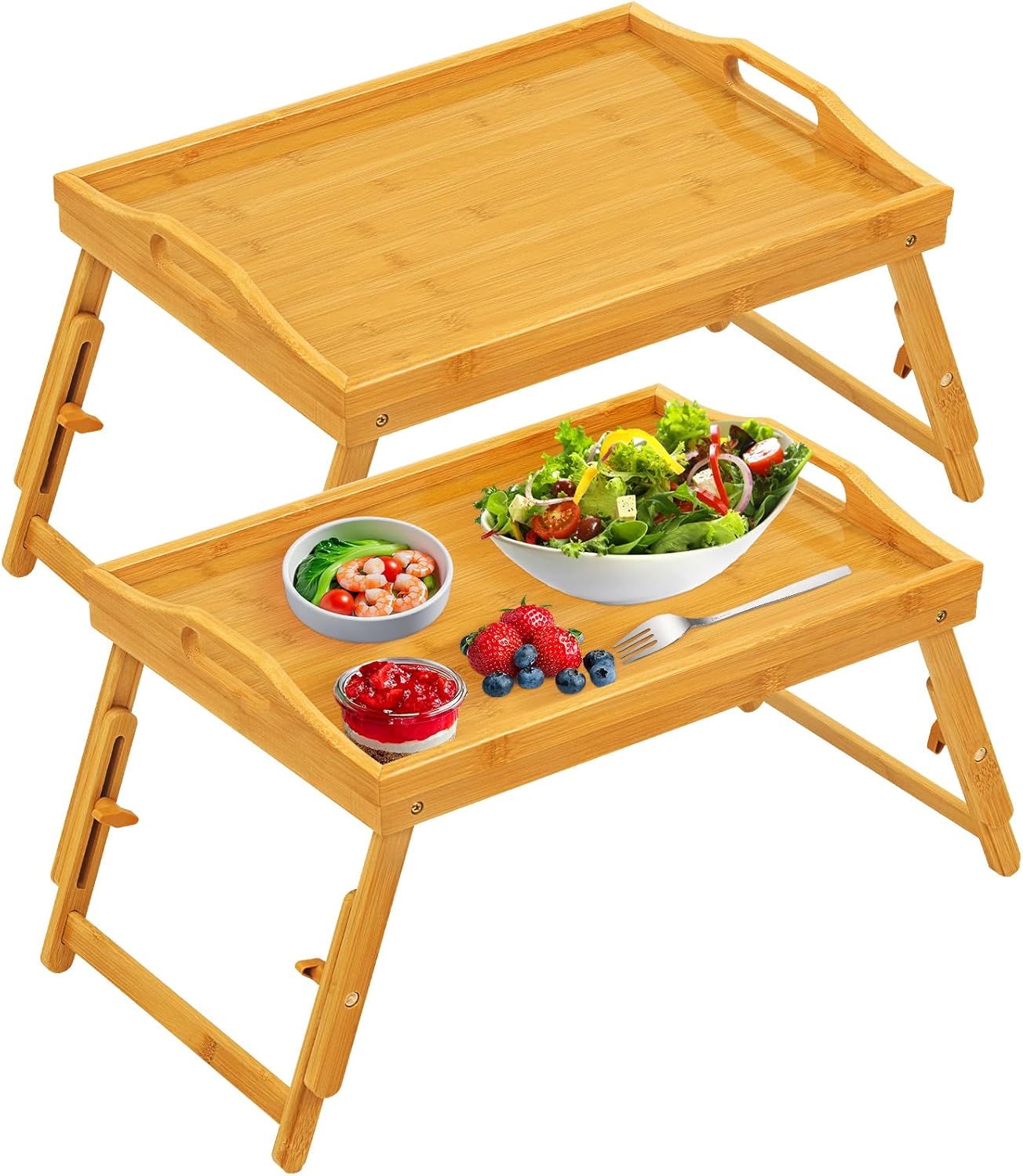 Bed Tray Table Set of 2, Bamboo Breakfast Trays with Folding Legs and Handles, Snack and Eating Lap Table, Natural Wood Color Serving Tray for Kitchen, Sofa or Bed Use