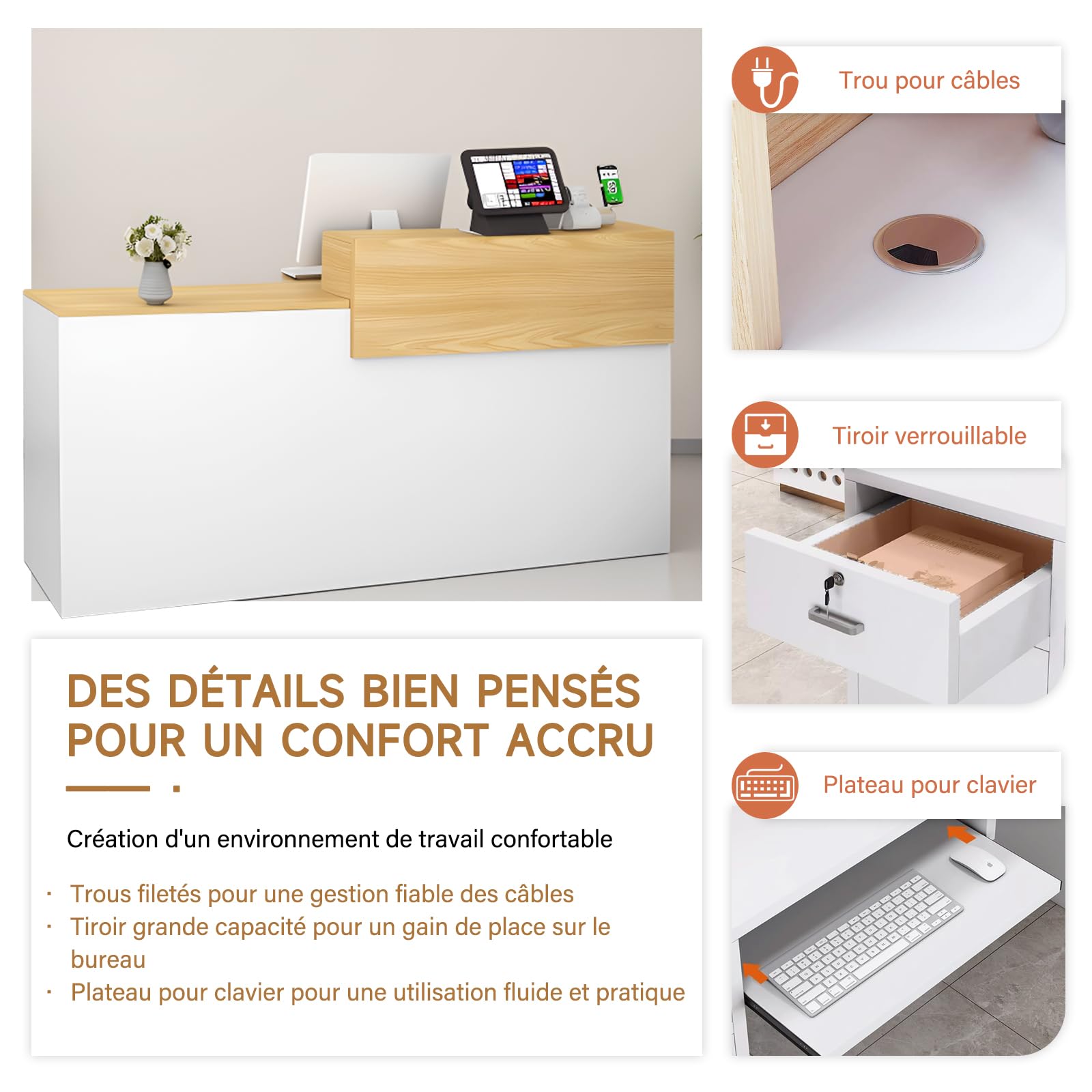 Comptoir Caisse, Accueil avec Tiroir Verrouillable étagères Ouvertes, Largeur 100‑240 cm, Moderne pour Salon Bureau Boutique