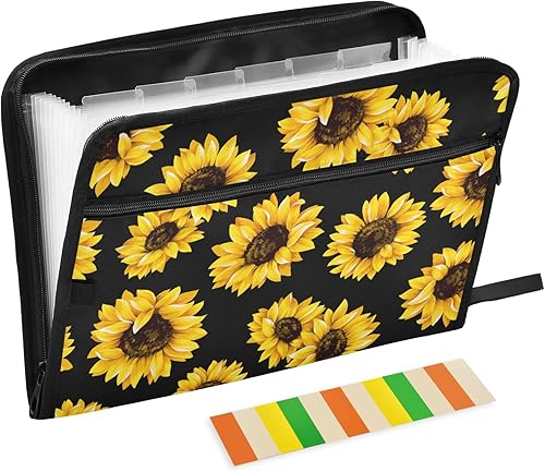 Carpetas de archivos expandibles de girasoles negros con 13 bolsillos con etiquetas, carpeta de acordeón, organizador de documentos de plástico para