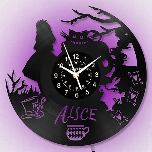 Miniatura 3 de Reloj de pared de disco de vinilo de dibujos animados con luces LED, reloj de pared con tema del país de las maravillas, reloj de conejo de vinilo