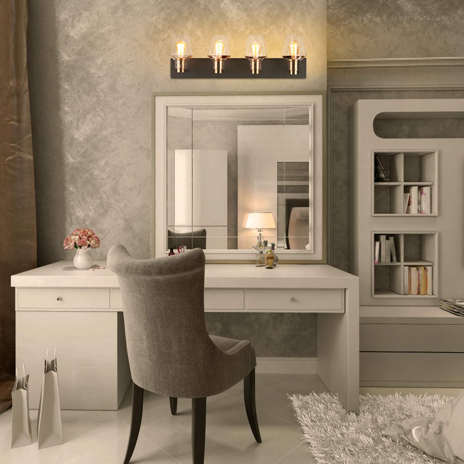 ESCENA 4 Light Bathroom Vanity Light, Vintage Indoor Wall Sconce Lighting, Porch Wall Lamp for Mirror, Glass Bubble Globe, E26 Base, Up/Down Direction Lampshade, Matte Black - - 