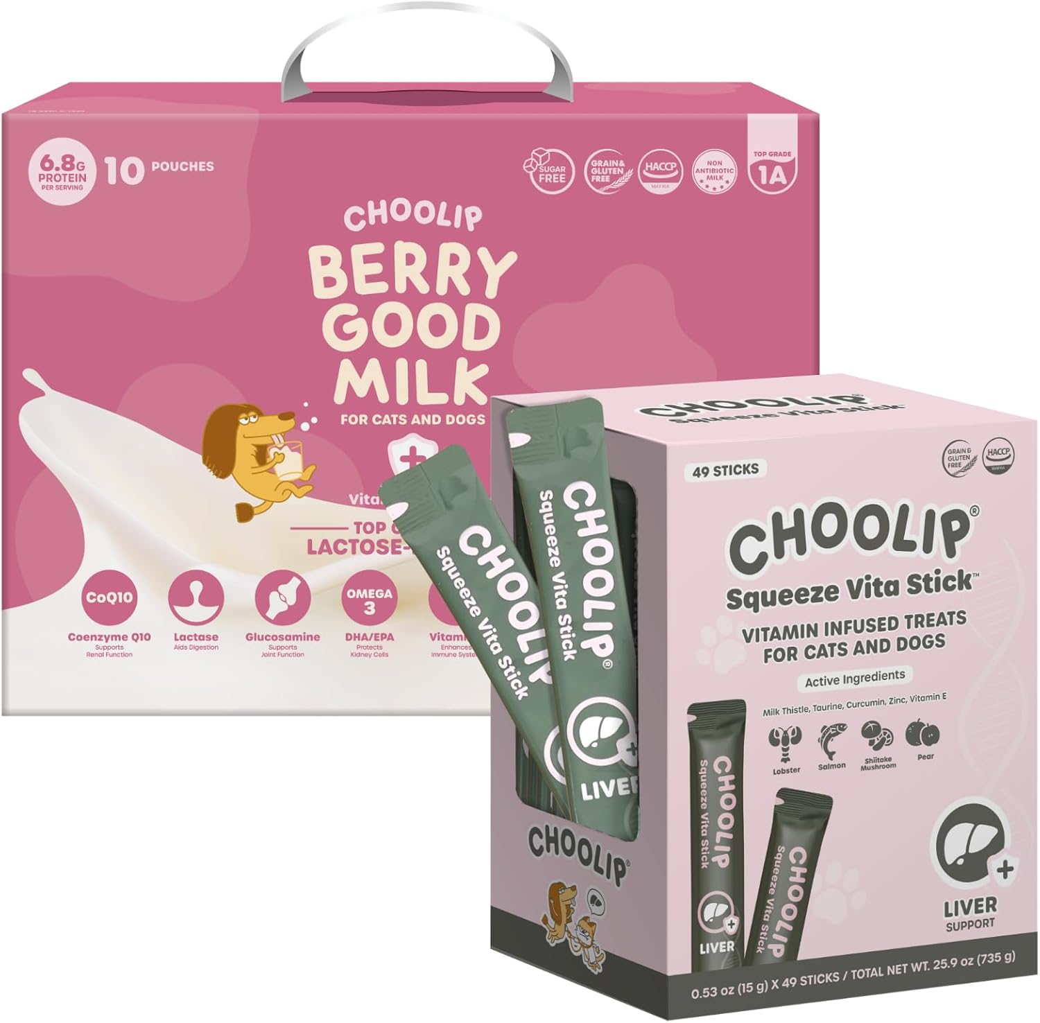 Choolip Bundle | Berry Good Milk 10pk Vitamin-Infused + 49pc Liver Support Squeeze Vita Sticks with Essential multivitamins [Both Products are for Cats & Dogs of All Life Stages]