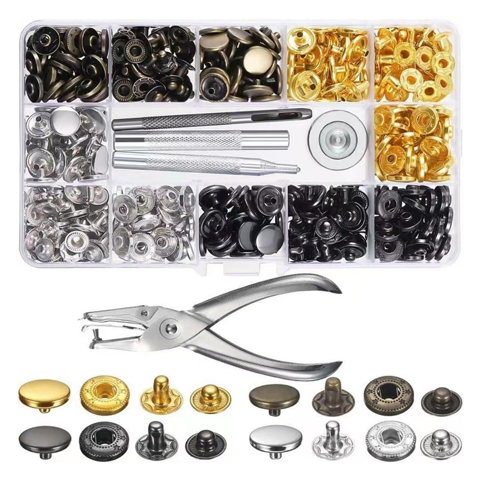 Press Studs Snaps Fasteners 120 Sets-Metal Popper Fasteners No Sew -2-Color Press Studs with Tool Kits for Leather, Clothes, Purse, Jackets, Jeans Wears, Bags-Rust-Proof and Durable (12.5mm)