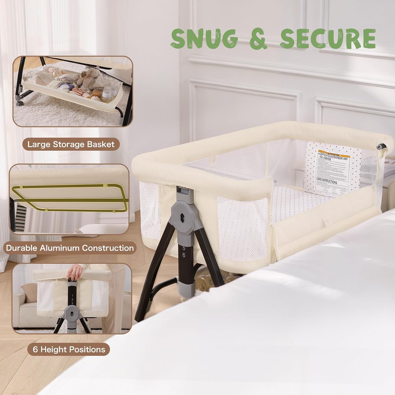 Baby Bassinet, 3-in-1 Bedside Bassinets for Baby, Bassinet Sleeper with Wheels, Baby Bedside Crib with Breathable Mesh, Mosquito Net, 6 Height Adjustable, Large Storage Basket, Easy Assemble & Folding