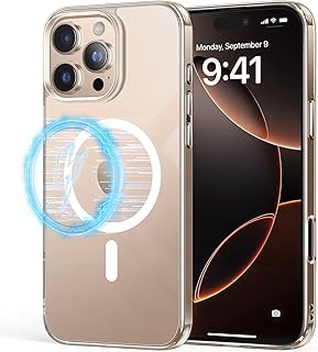 جراب حماية خلفي مغناطيسي شفاف رفيع مركب من عدة مواد يدعم تقنية ماج سيف بإطار من السيليكون مقاوم للصدمات لموبايل آبل آيفون 16 برو ماكس