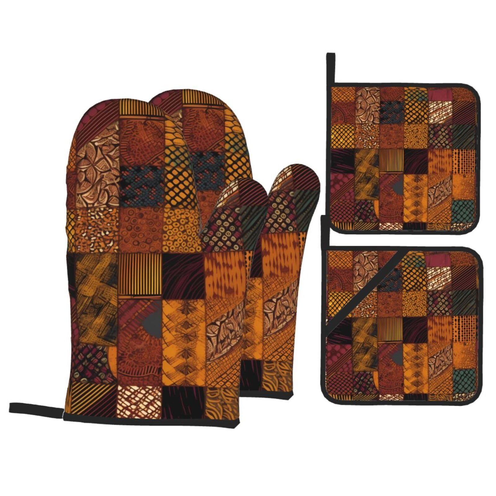 4 Piece Oven Mitts and Pot Holders Set Heat Resistant Oven Gloves and Potholders BBQ Gloves Hot Pads African Style Patchwork Cooking Gloves for Kitchen Baking Grilling