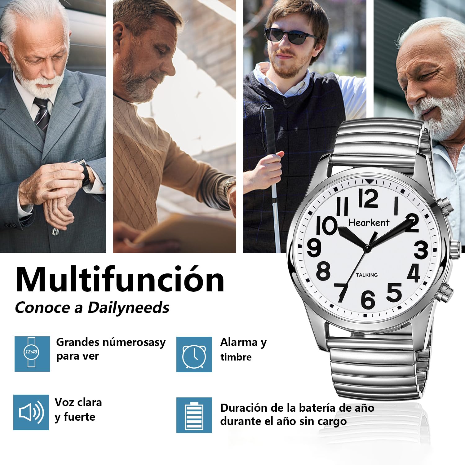 Hearkent Reloj parlante para Hombres en español con números Grandes, Reloj parlante para Personas Mayores, ciegas, con discapacidad Visual o de Edad Avanzada - TG2211 Plata