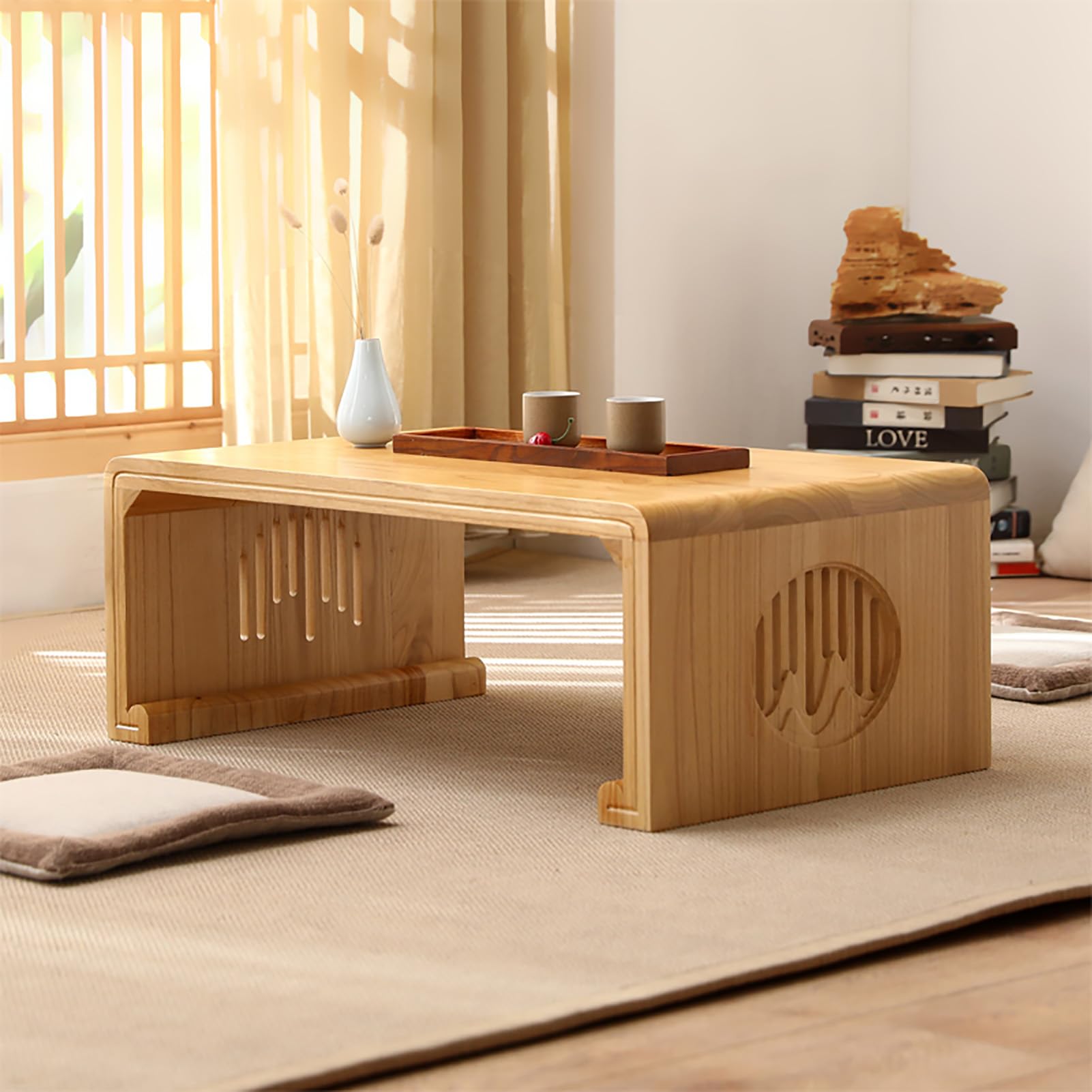 Table basse japonaise 80x50x30 cm en bois massif fabriquée à la main