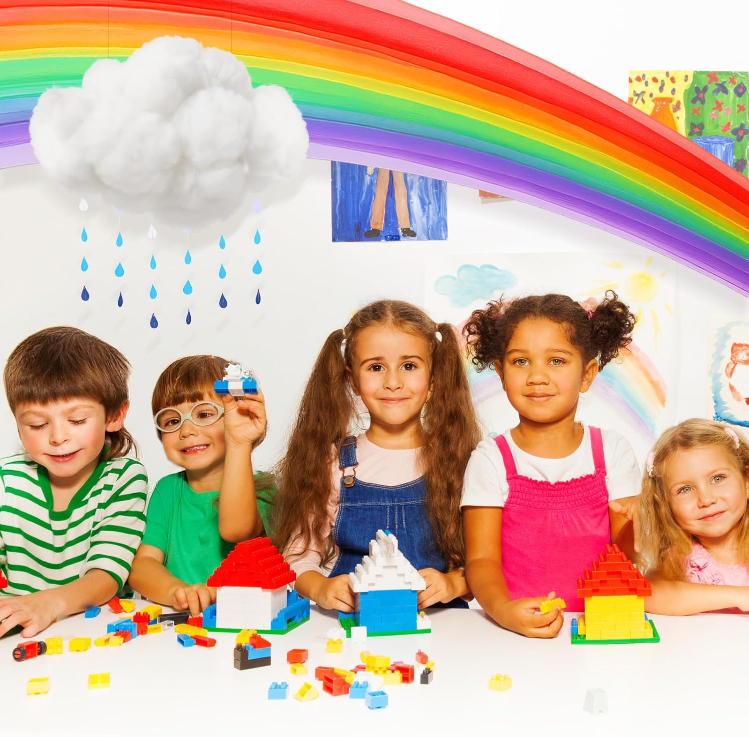 Weysat Rainbow Hanging Decorations with Cloud Raindrops Rainbow Party Decor with Ceiling Clouds and Raindrop Garland for Birthday Wedding Summer Church Party Supply(Bright)