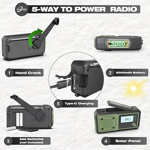 Miniatura 6 de SIYEGK Radio de manivela de emergencia de 5000 mAh, ideas de regalos para hombres, papá, marido, NOAA AM FM, batería solar portátil, radio de alerta