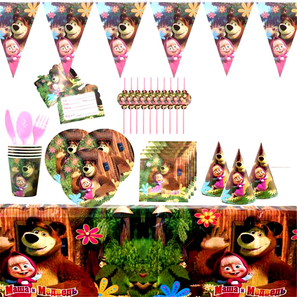 MEILIS 90pcs Set Masha and Bear Theme Party Disposable Tableware Set Decoration Supplies Christmas Table Cloth Set for Kids Favor Birthday Decoration Props