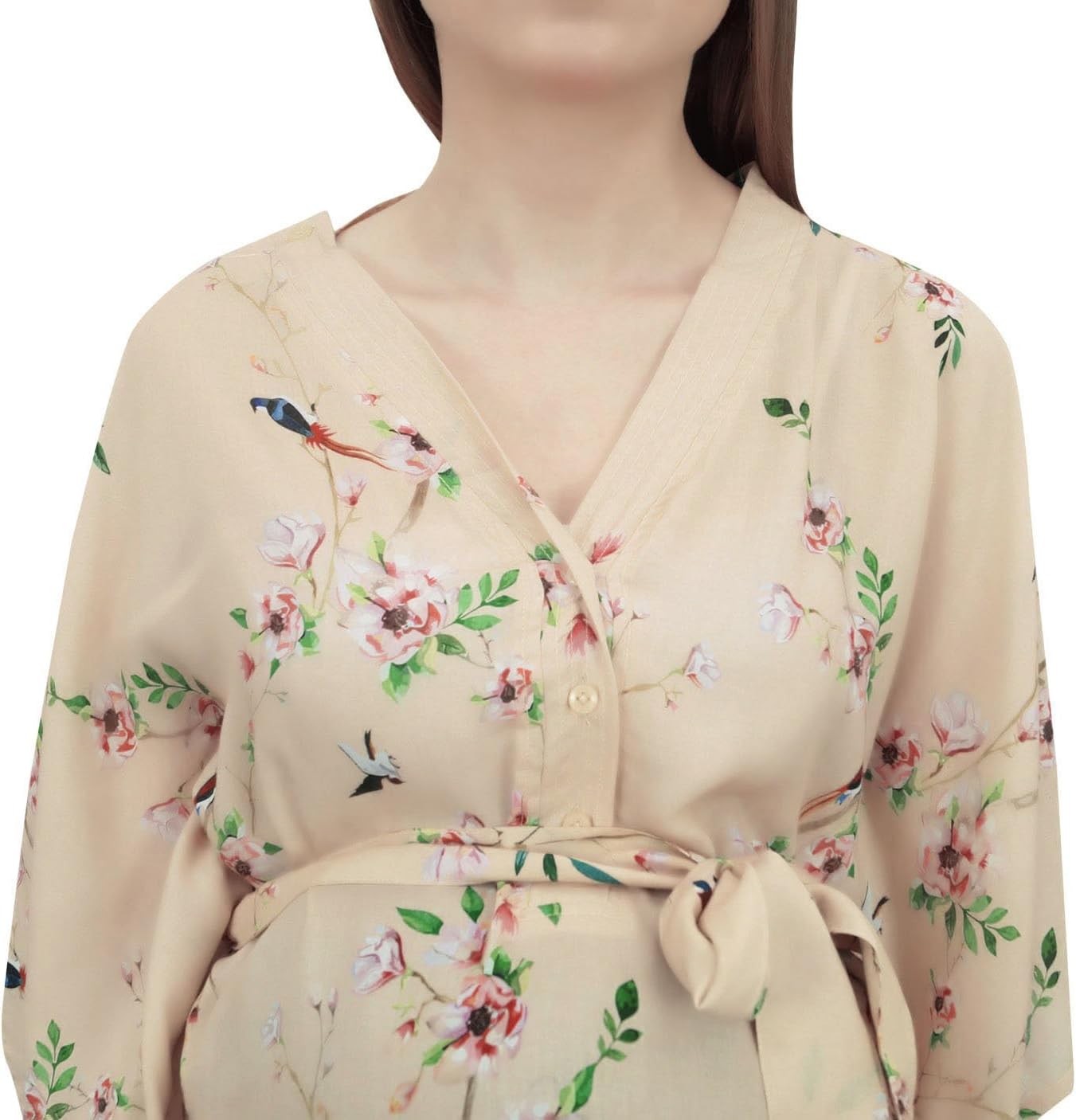 Bimba Moms Floral Print Beige Maternity Dress Kimono Sleeve Nursing Kaftan-4