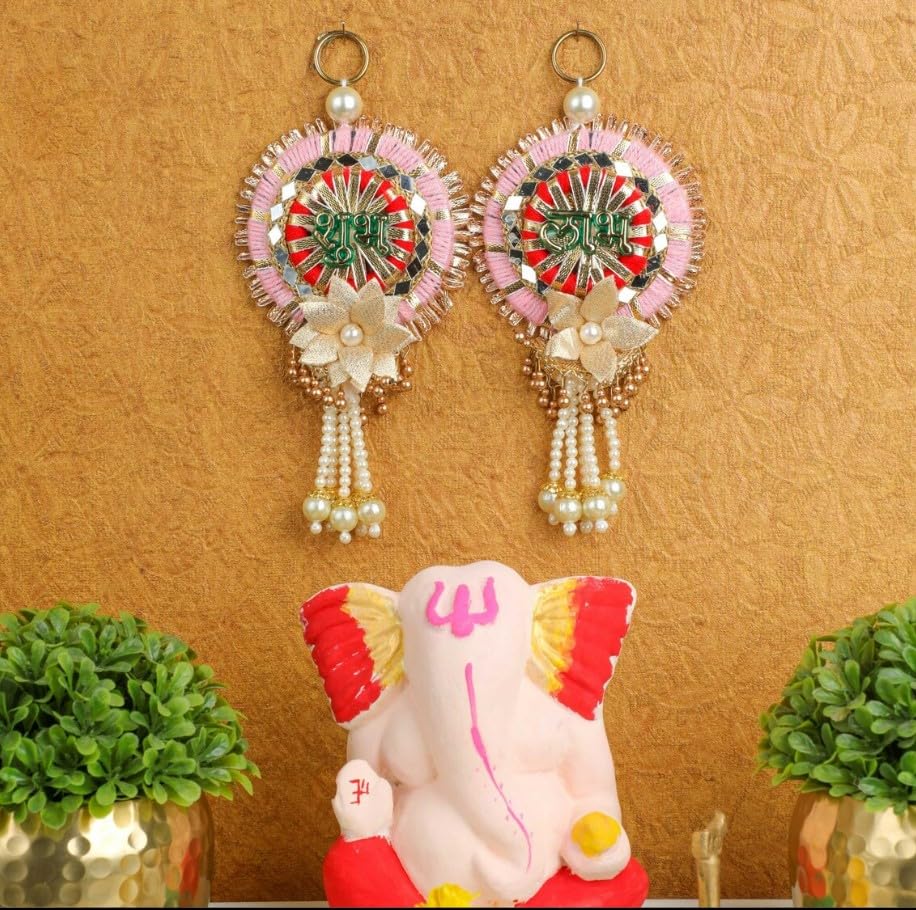 Image of Handmade Shubh Labh Wall Hanging with Kundan, Gota & Pearl Detailing - Elegant Home Decor for Diwali, Navratri, Weddings, Housewarming & Puja Favors