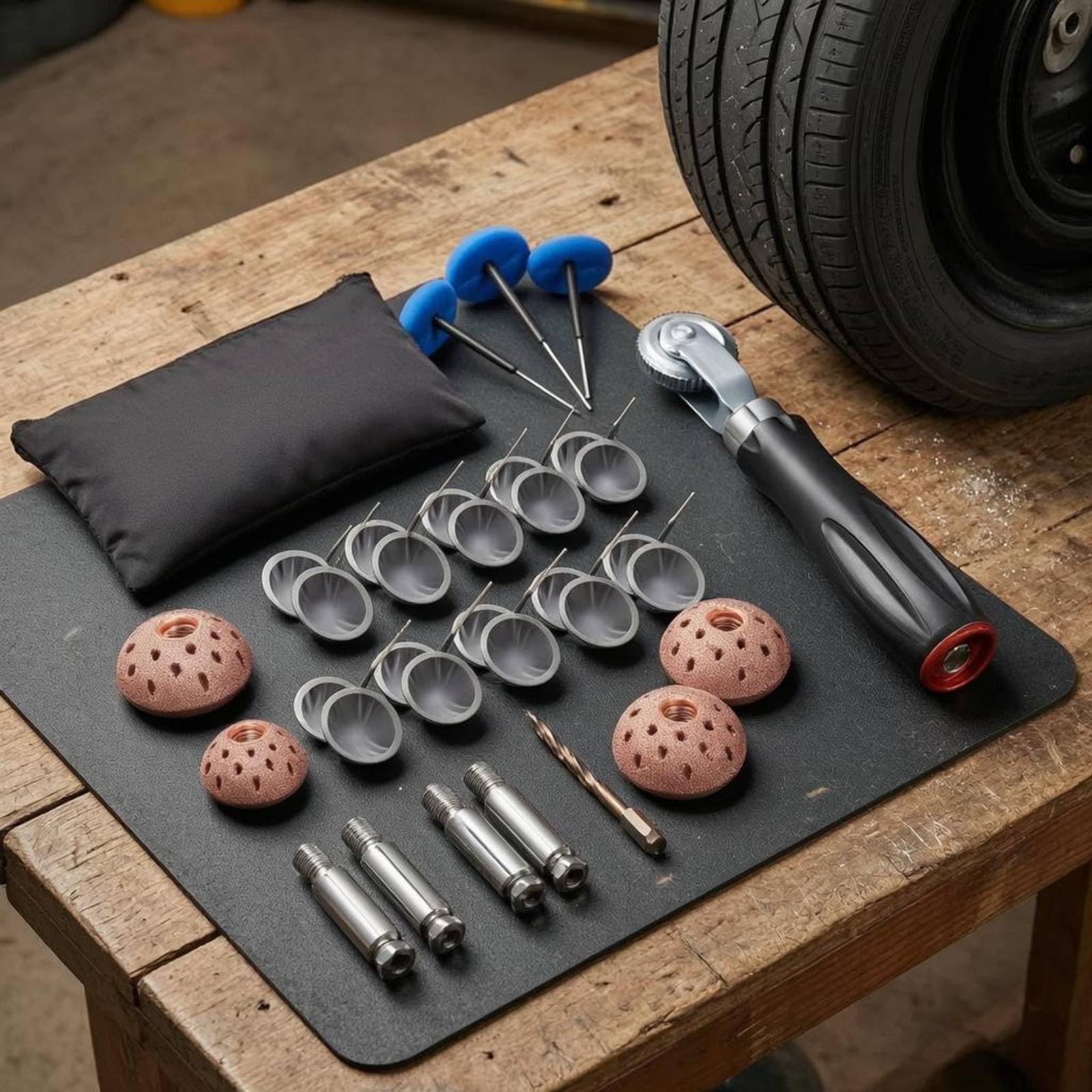Ensemble Réparation Pneu Tubeless 29 Pièces avec Poignée Noire et 24 Mèches ntelées pour Pneu Véhicule Utilisation en Plein Air