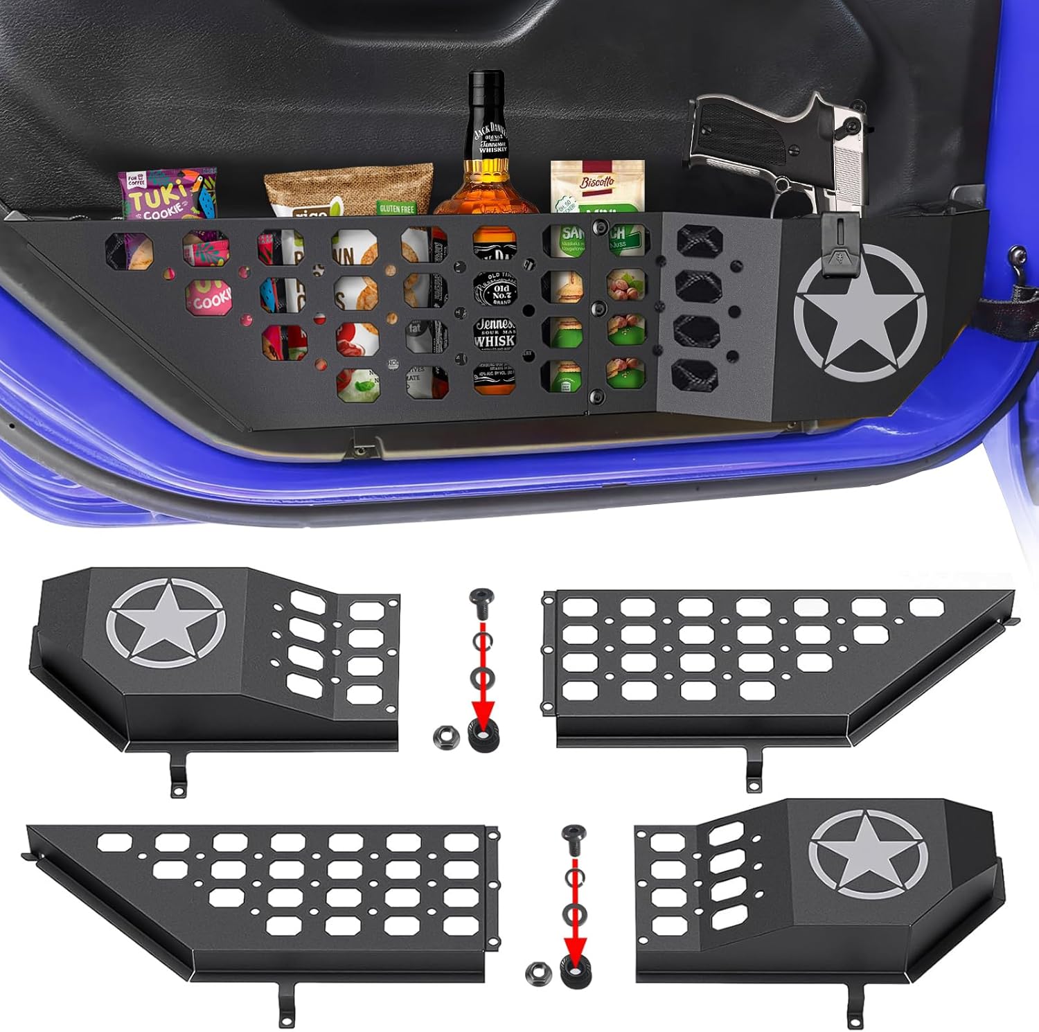 Metal Front Door Pocket Storage Box for Jeep Wrangler JL JLU 4XE 2018-2024 Gladiator JT 2020 2021 2022 2023 2024 Door Storage Organizer Accessories 2PCS (Front Door Star)