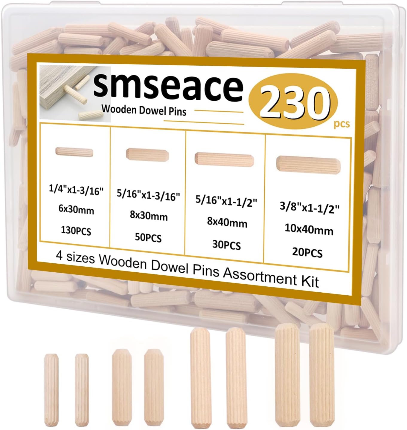 smseace 230Pcs Wooden Dowel Pins 1/4inch 5/16inch 3/8inch, Fluted Wood Dowels Rods for Crafts, Furniture, DIY Manual
