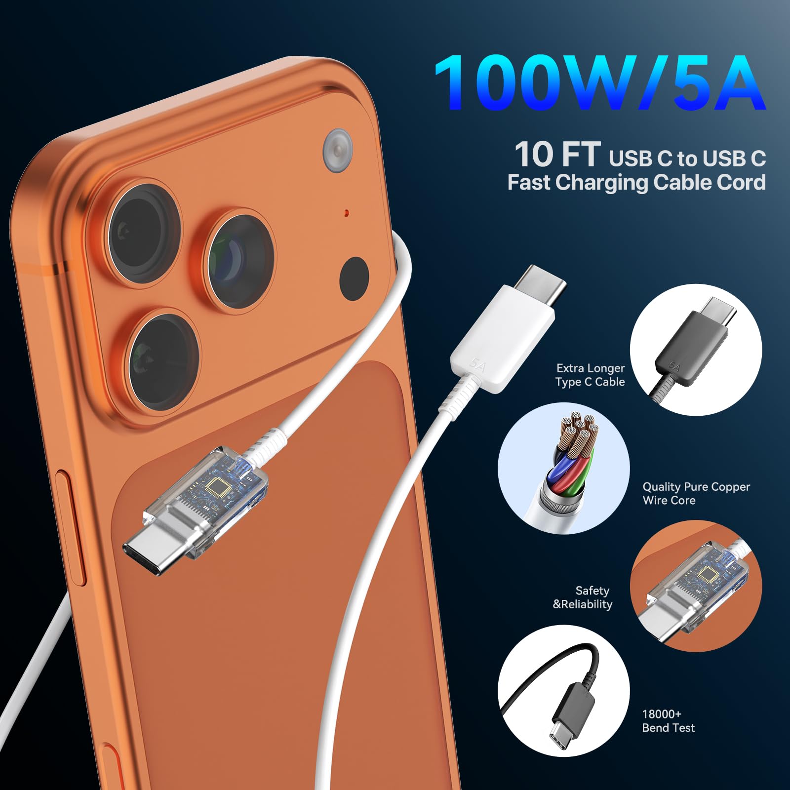 Caricatore USB-C ad alta velocità, 45 W, cavo di ricarica tipo C, 3 m, ricarica rapida per telefoni Android, caricatore da parete per