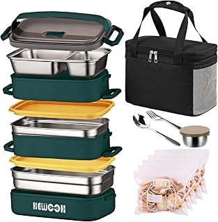 HEWOOH Large Bento Box Adult Lunch Box (74 Oz Large Capacity), Reusable, Including Lunch Bag, Fork And Spoon, 3 Dividers, Suitable For Work, Picnic, Dishwasher And Microwave Safe. （Green）