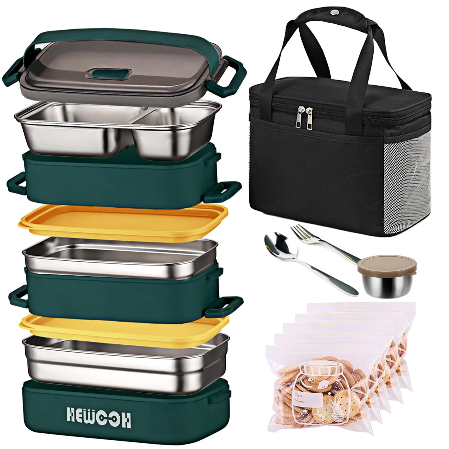 HEWOOH Large Bento Box Adult Lunch Box (74 Oz Large Capacity), Reusable, Including Lunch Bag, Fork And Spoon, 3 Dividers, Suitable For Work, Picnic, Dishwasher And Microwave Safe. （Green）