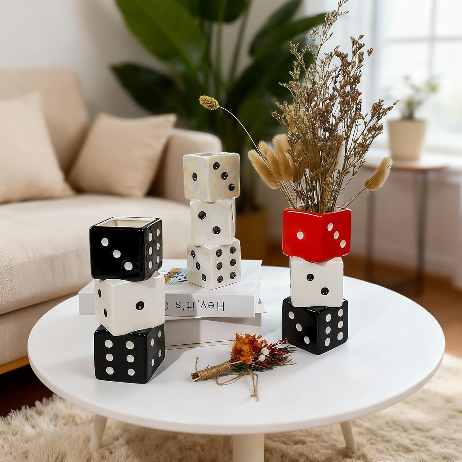 Tnstbiee Triple Dice Vase - Unique Ceramic Small Vase with Wide Mouth | Modern Decorative Flower Vase for Living Room | Perfect for Fresh,Pampas Grass,Roses & Utensils | Ideal Gift for Art Enthusiasts