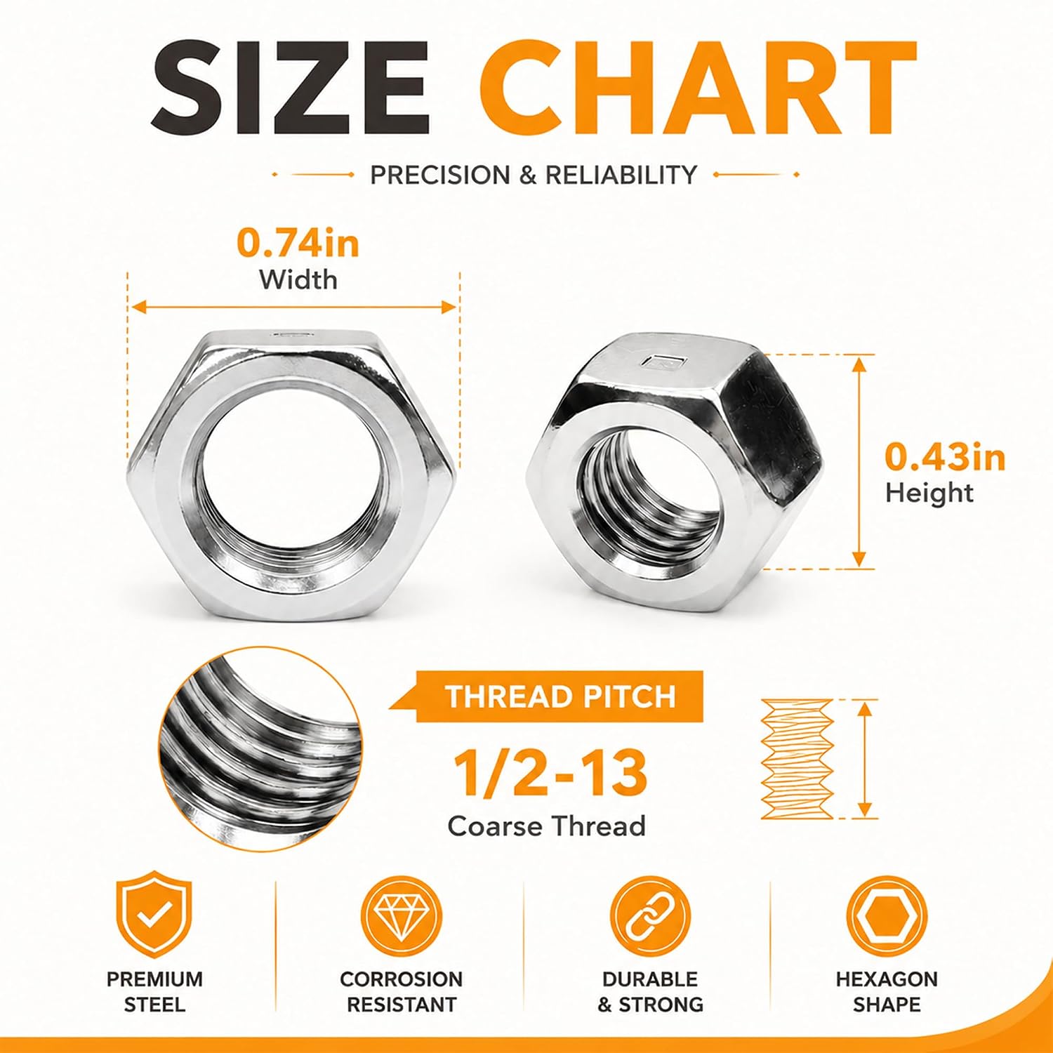 1/2-13 Hex Nuts, 1/2 Inch Carbon Steel Zinc-Plated Standard Coarse Thread Imperial Hardware Nuts 24 Pieces