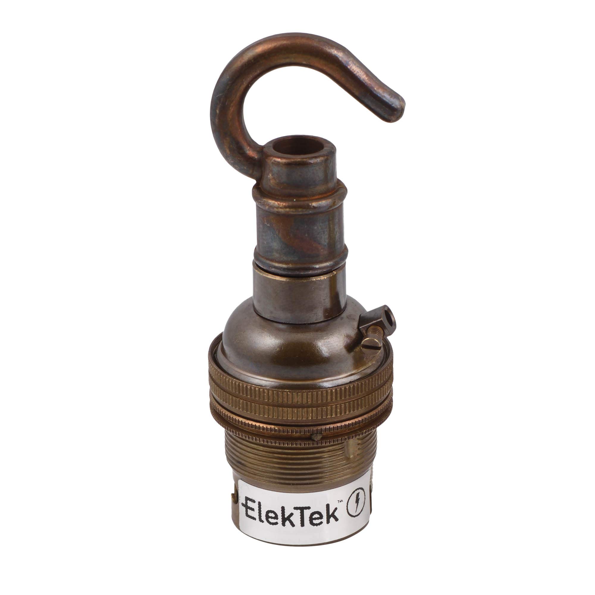 Elektek Antique Brass Unswitched Lamp Holder B22 Bc Bayonet Cap & Shade Ring With Solid Cast Brass Hook For Ceiling, Bracket Or Chain Suspension - Made In Uk
