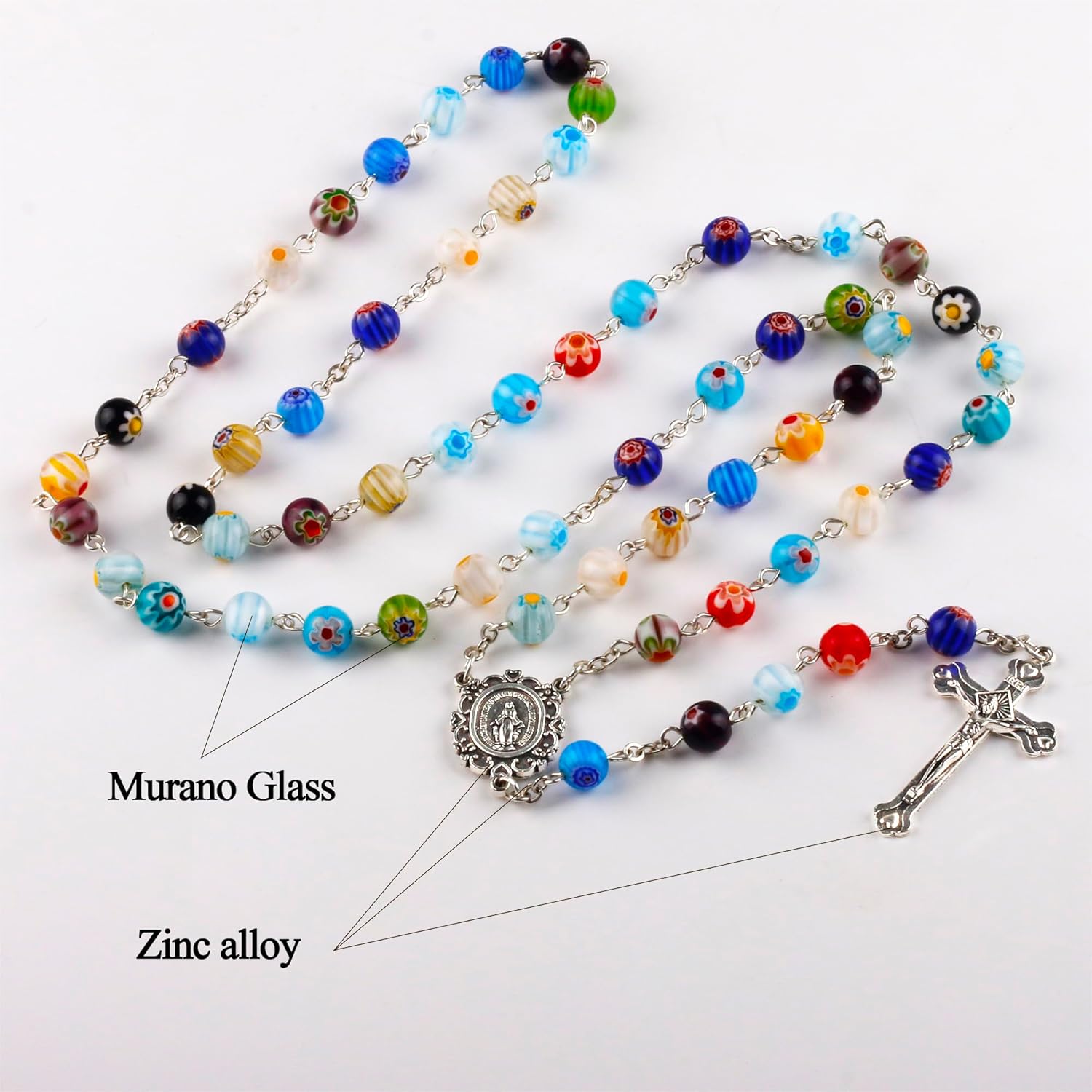 Multicolor Murano Glass Beads Catholic Rosary Necklace with Virgin Mary PU Leather Bag - Image 4