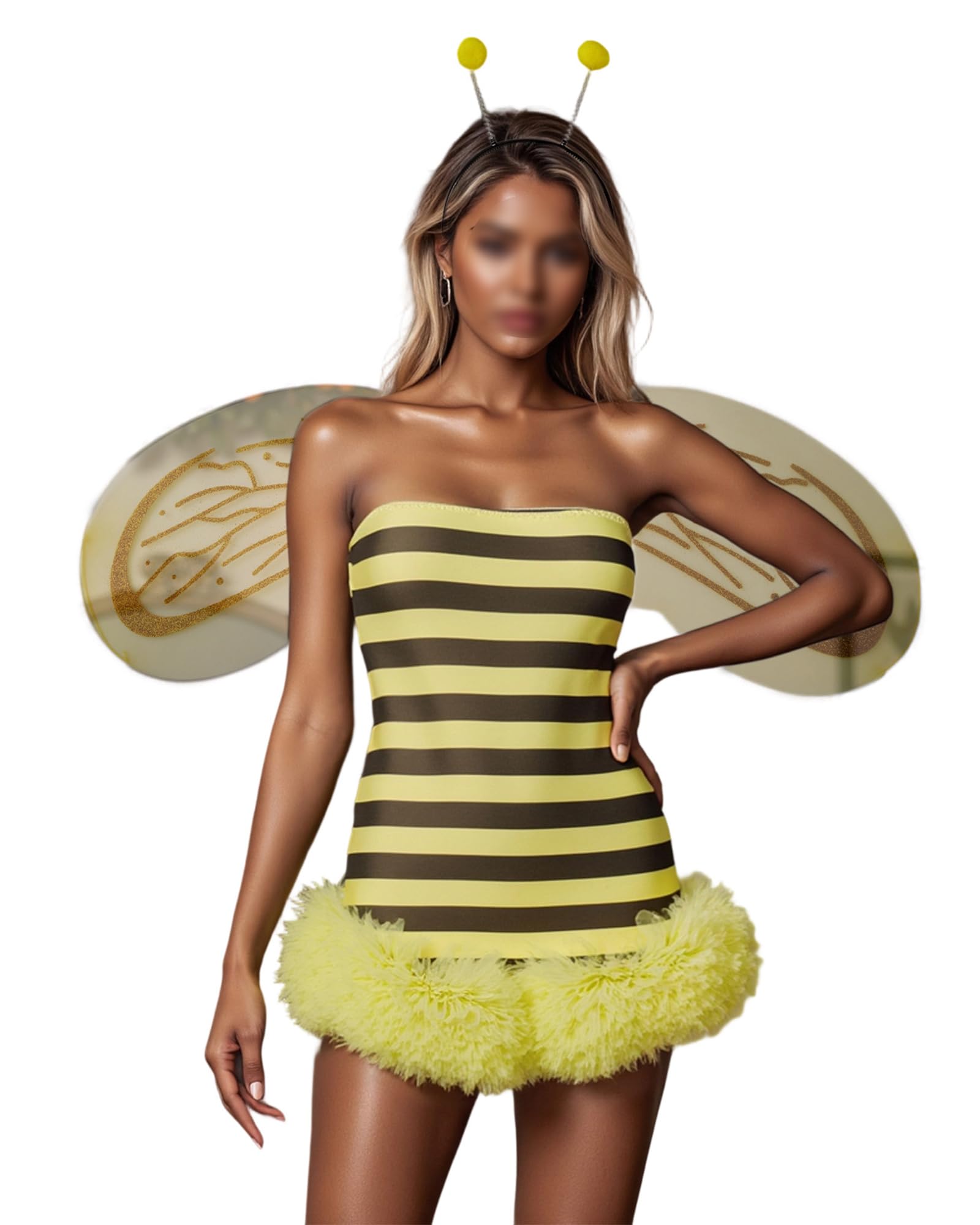 Women Halloween Bee Cosplay Costume Sleeveless Bumble Bee Dress with Wings Headband Knee High Socks Party Carnival Outfits (Yellow F, M) — image 1