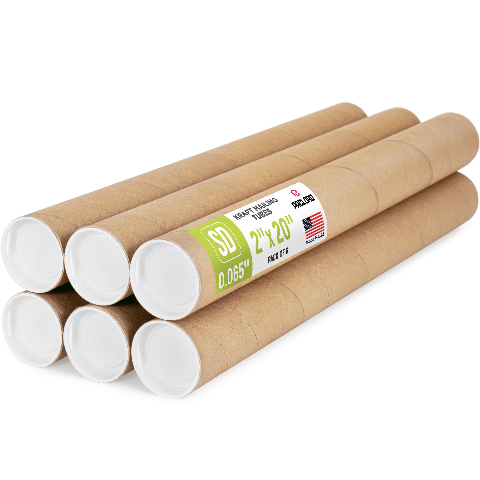 2" x 20" Reinforced Kraft Paper Mailing Tubes, Pack of 6 Tubes with 2 Caps Each – USPS Approved Poster Tube – Made in USA Cardboard Tube for Shipping and Storing Posters, Prints, Artwork, or Documents