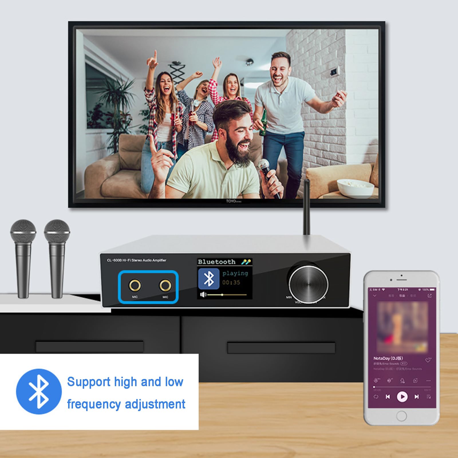Wzmacniacz audio Bluetooth 5.0, wzmacniacz stereo o mocy 50 W x 2, z wyświetlaczem LCD, pokrętłami regulacji głośności, pilotem zdalnego sterowania, obsługą wielu wejść