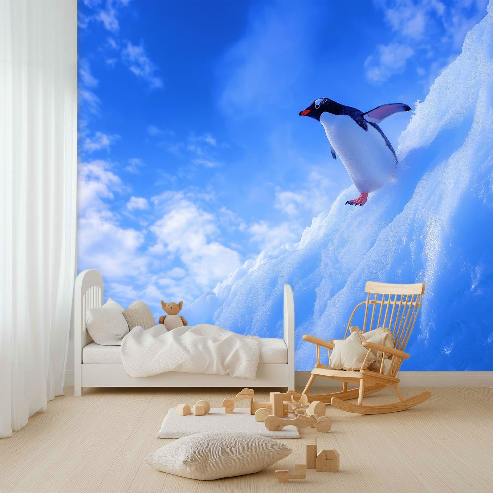 Fototapeta z efektem 3D, naturalne krajobrazy, zwierzęta, pingwiny, niebieska, tapeta 200 x 140 cm, tapeta z włókniny, nowoczesna tapeta ścienna, salon, sypialnia, pokój dziecięcy, dekoracja ścienna
