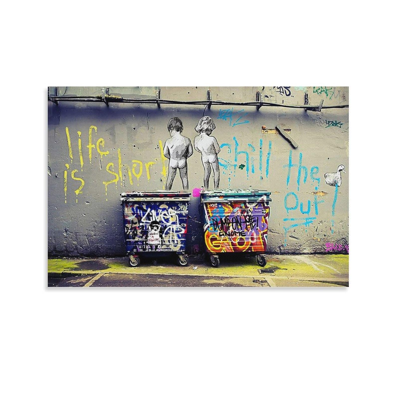 banksy バンクシー ストリートアート 少年とブームボックス　絵画 Amazon.co.jp: Banksy バンクシー(ゴミ箱の上に立つ少年)絵画