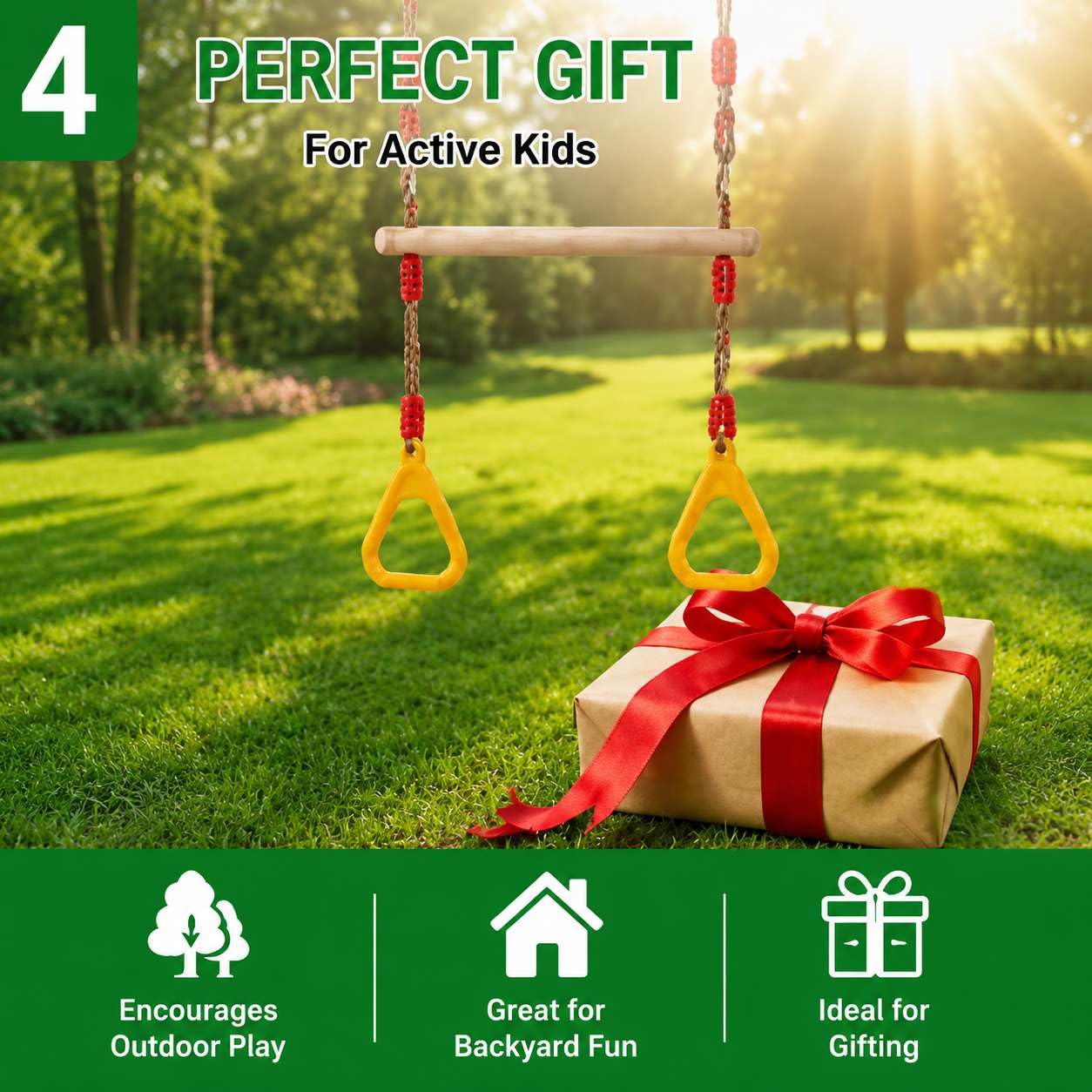 Multifunzionale Altalena a trapezio in legno, Morwealth Altalena Fitness Ring, con anelli in plastica anelli per ginnastica anelli per bambini fino a un carico di 120 kg