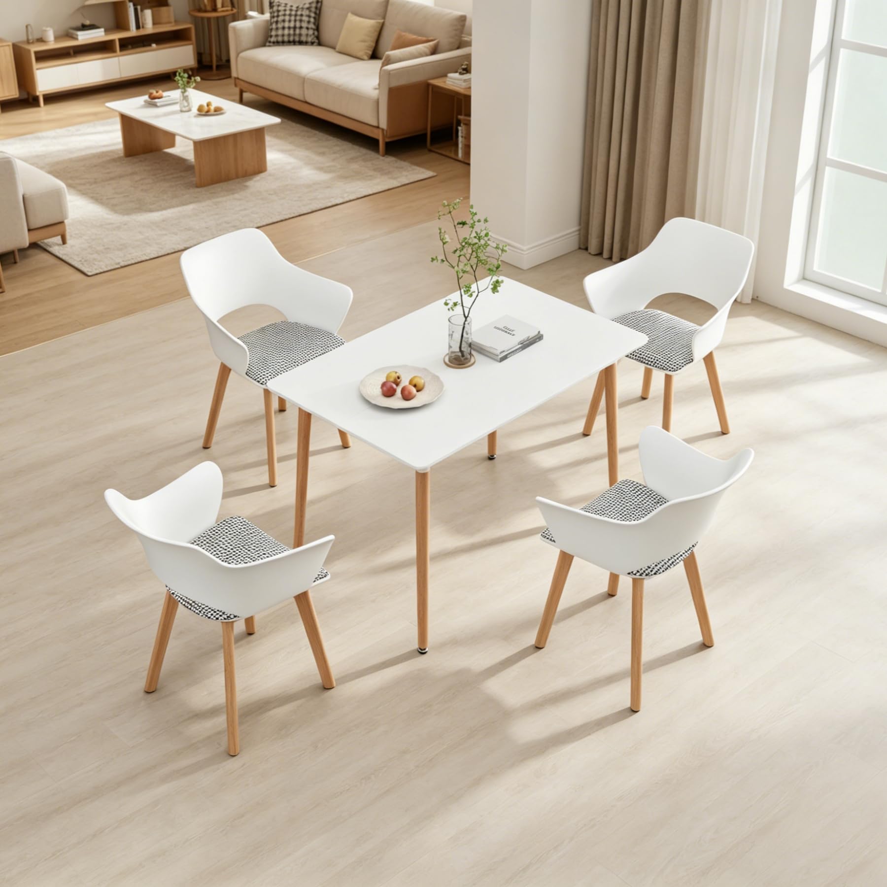 GrandCA HOME Juego de 4 Sillas de Cocina Nórdicas, Silla de Comedor con Patas de Madera Maciza, Sillas Tapizadas para Dormitorio, Sala de Estar, Cocina,Blanco-N