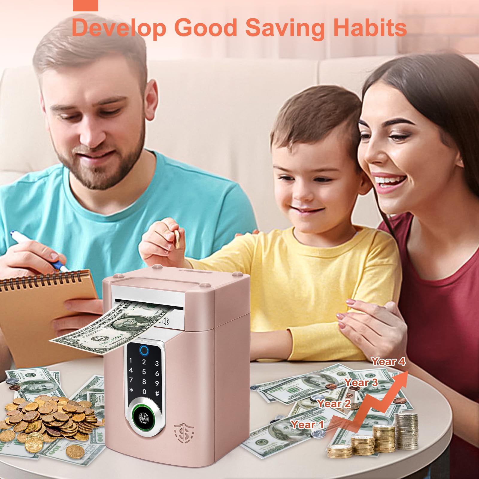 Highttoy Salvadanaio Bambina, Salvadanaio Elettronico con Touchscreen e Impronta Digitale, Regalo Bambina 3-12 Anni Giochi Bimba, Cassaforte Salvadanaio Bancomat per Bambini, Oro Rosa