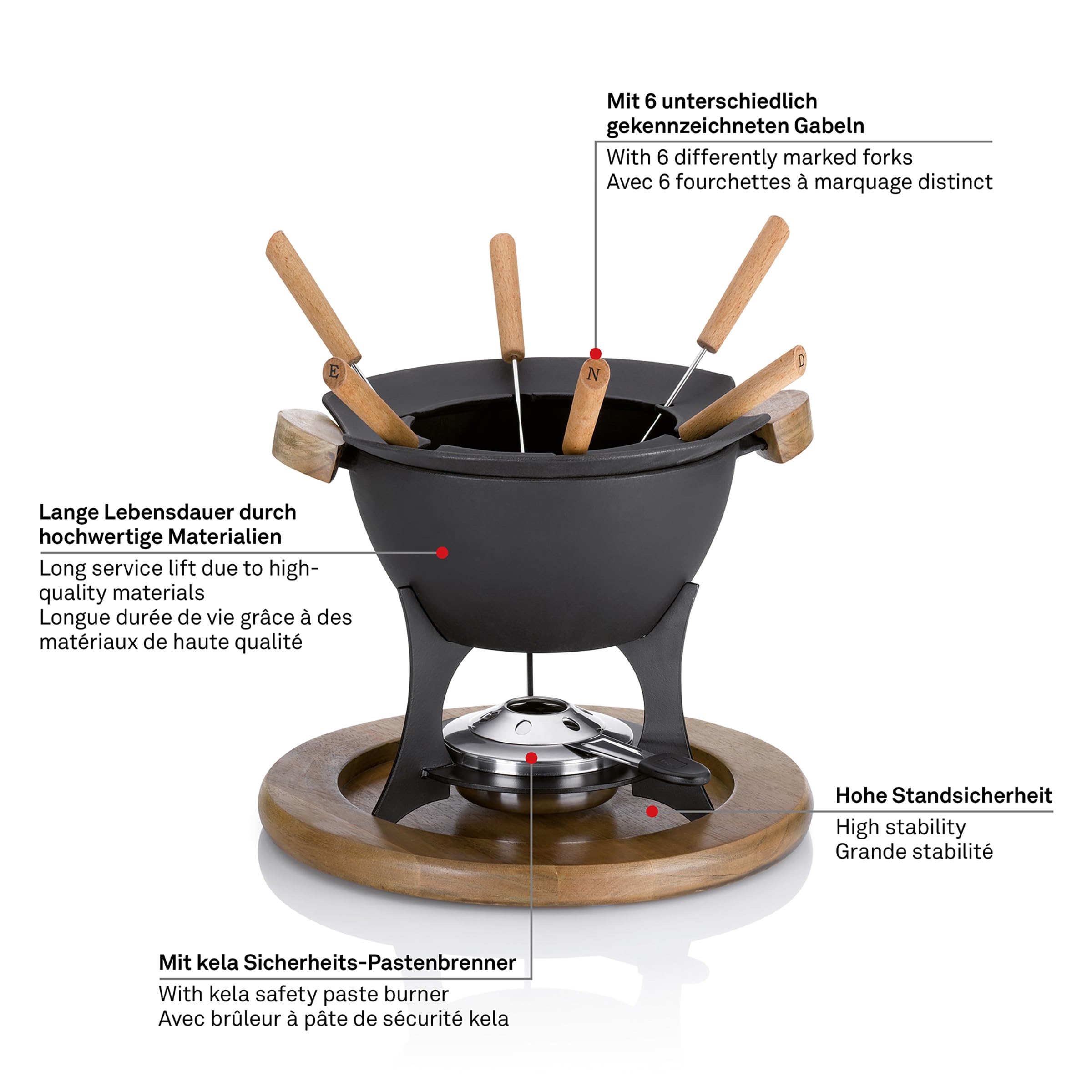kela Set à Fondue à la Viande 11pcs, Fondue en Fonte pour 6 Personnes Country, Set à Fondue avec Support de pâte à brûler, fourchettes, Support de fourchettes