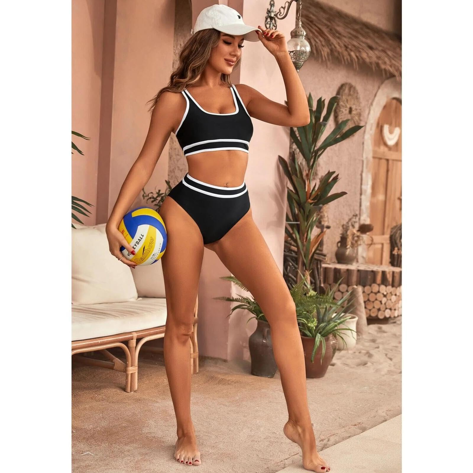 Set Bikini a Vita Alta da Donna Costumi da Bagno Sportivi a Due Pezzi Color Block sfrontati S-XL Purple NAN_L