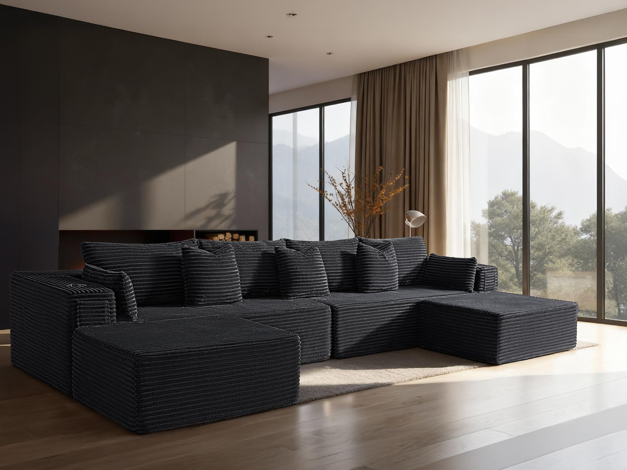 138" Cloud Sectional Couch, Comfort U Shaped Sofa for Living Room, Extra Deep Seats No Assembly, Minimalist Modular Couch, Corduroy (Black, 6 Seats,U-Shape A)
