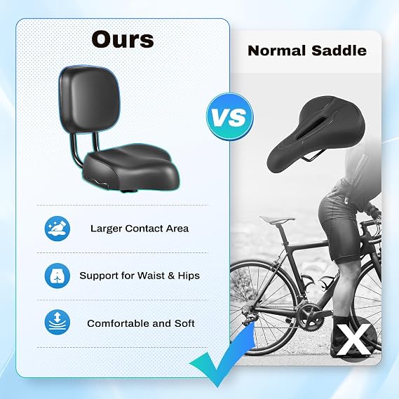 Comfort Bike Seat with Backrest, Oversized Cushioned Saddle for Tricycles Bicycles, 11x9 Inch Wide Seat with Adjustable Backrest for Adults