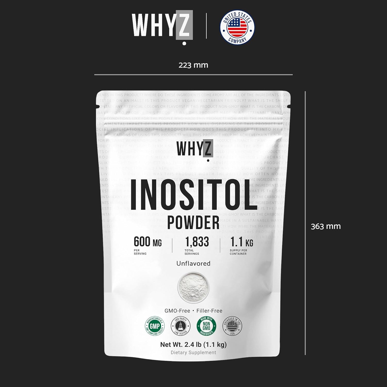 Pure Myo-Inositol Powder Unflavored Inositol Supplement Powder 2.4 lb for Women and Men Smooth-Mixing for Daily Balance and Wellness Vegan Non-GMO Gluten-Free, 1100g