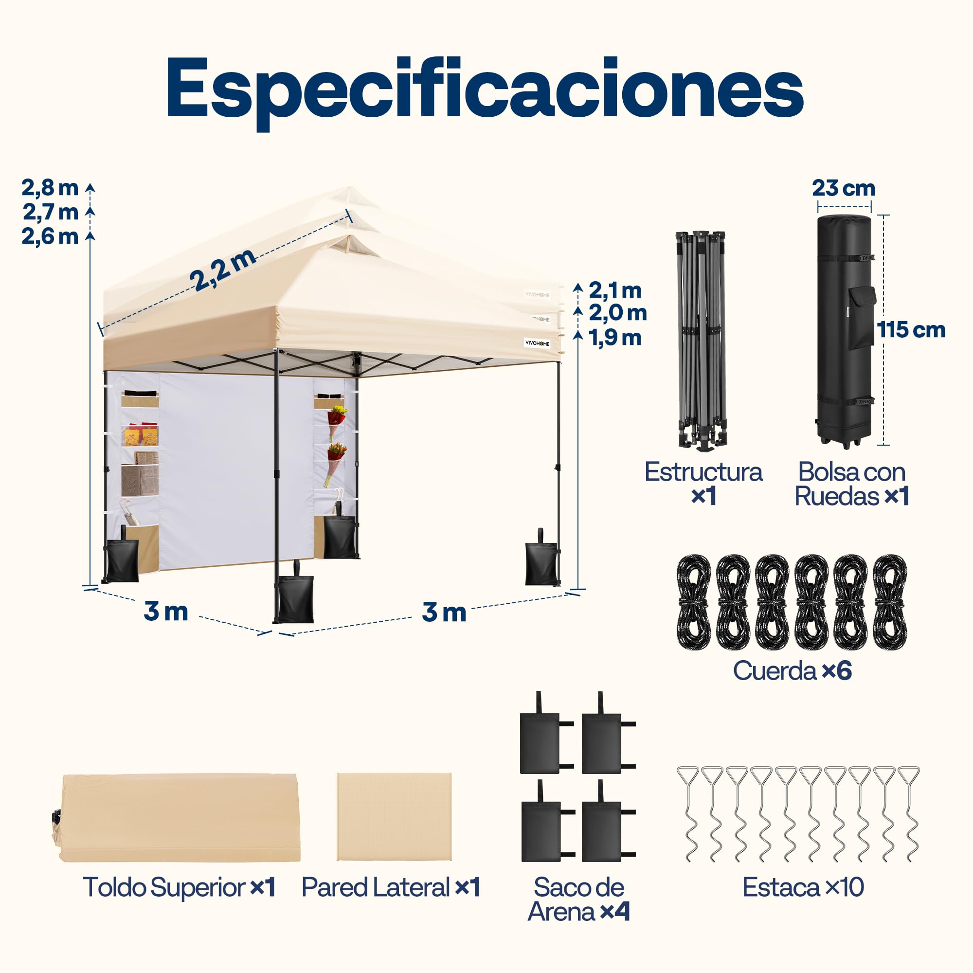 VIVOHOME Carpa Plegable 3x3m Cenador de Jardín con Pared Lateral Altura Ajustable Impermeable Anti-UV Gazebo con Ventilación para Playa 4 Bolsas de Arena con Ruedas para 8-10 Personas